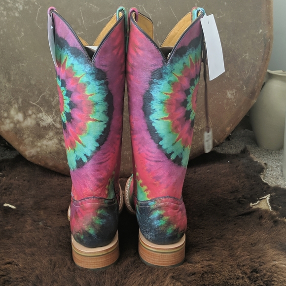 TIN HAUL "Happy Hippie" groovy rainbow tie dye leather cowgirl boots in box NWT - Picture 8 of 16